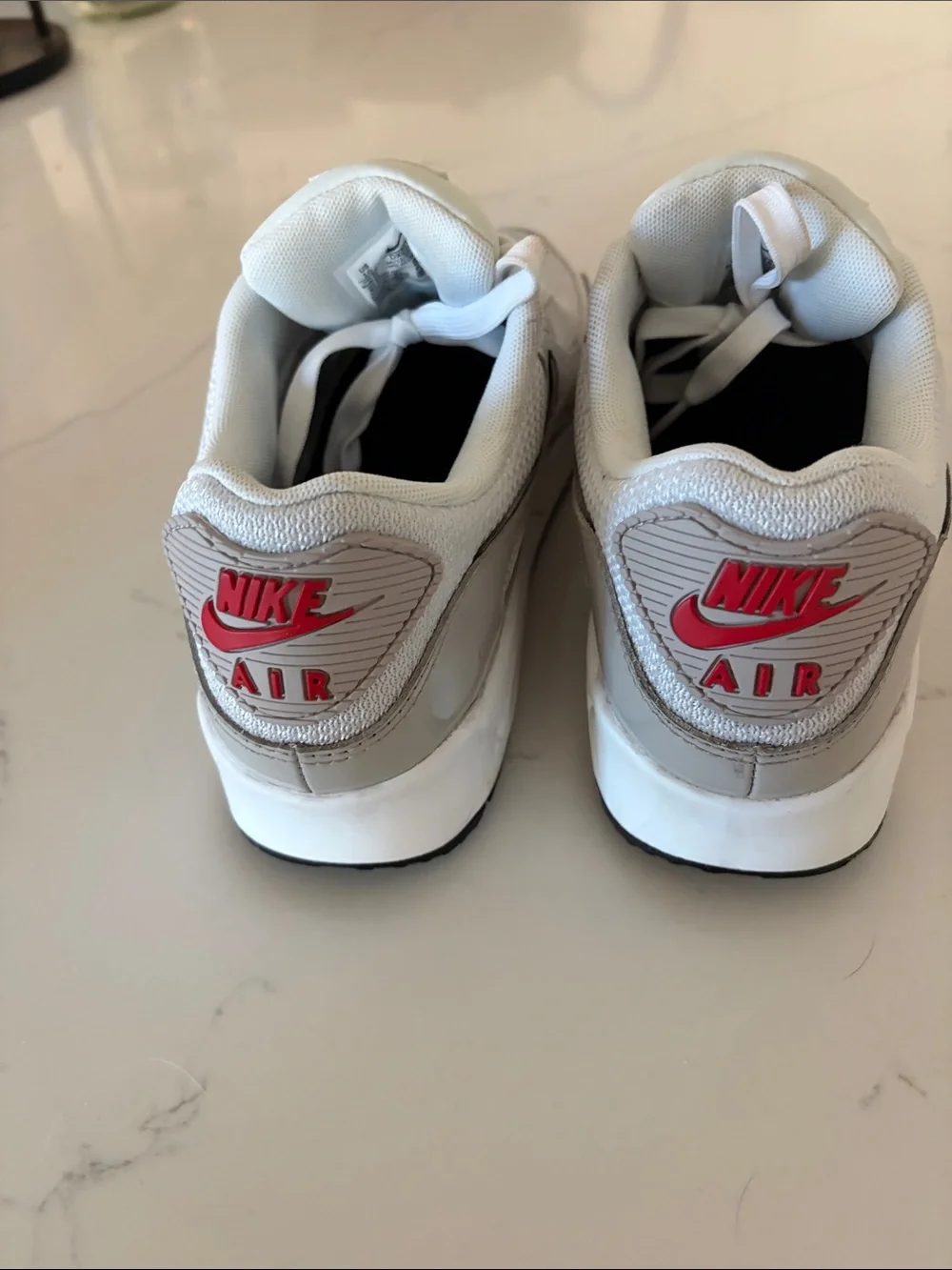 Nike Women’s Air Max 90 Light Iron White/Grey with Black Swoosh and Red Accents